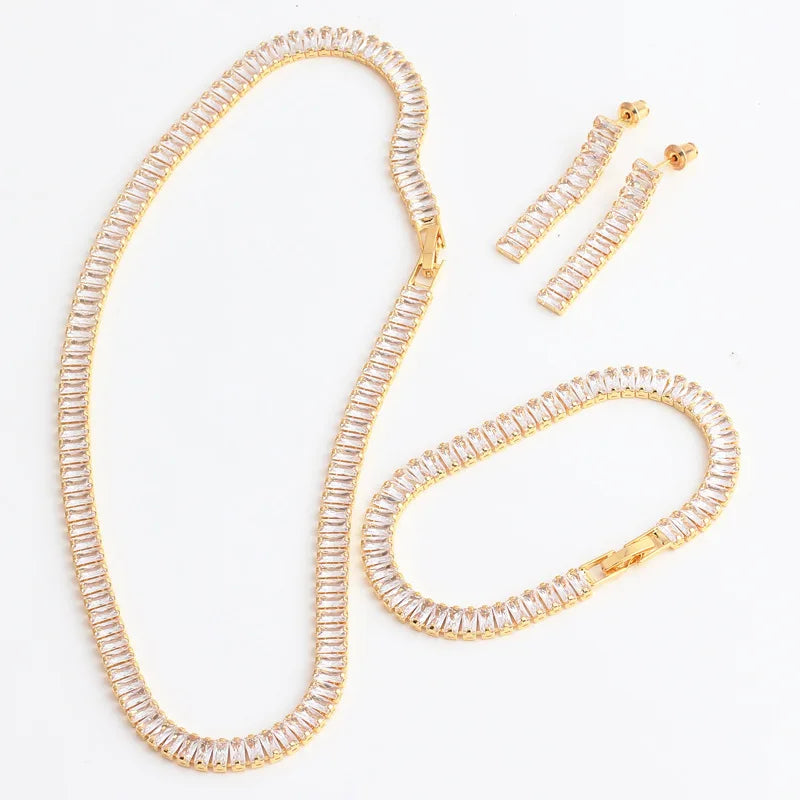 Fashion Gold Plated Crystal Bridal Jewelry Sets Geometric Zircon Necklace Earrings Wedding Jewelry