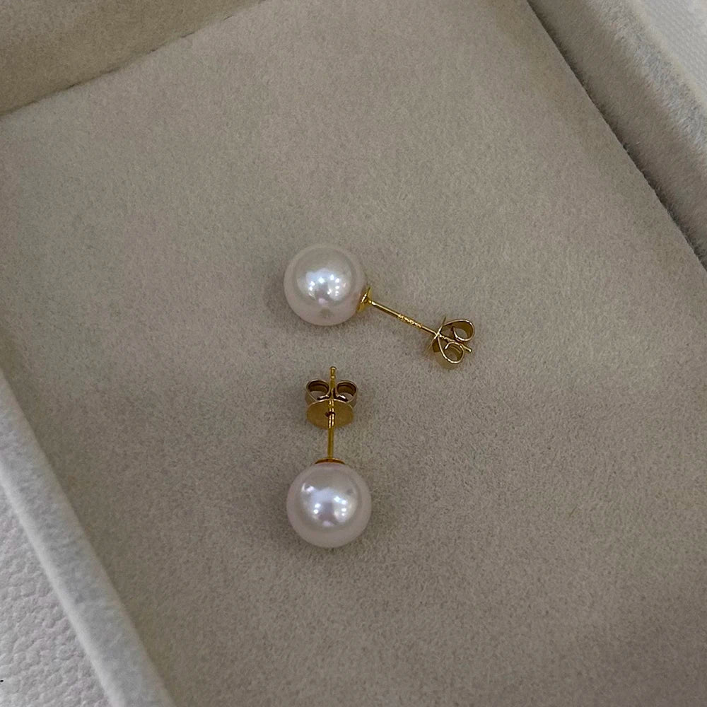 7.5-8 MM Akoya AU750 Real Solid 18k Gold Stud Earrings Seasalt Akoya Perfect Round Sea Salt Pearl Earrings-AAA High Luster