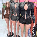 New 2 Piece Shorts Set Women's Clothing Zipper Pu Leather Jacket and Shorts Streetwear Fall Outfits Tracksuits Sets for Women