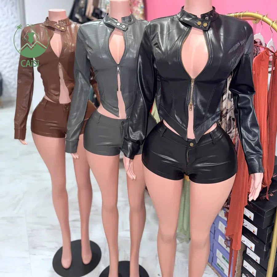 New 2 Piece Shorts Set Women's Clothing Zipper Pu Leather Jacket and Shorts Streetwear Fall Outfits Tracksuits Sets for Women
