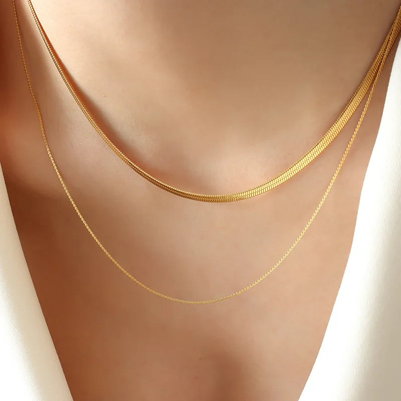 New Design Fashion Originality Jewelry 18K Gold Plated Stainless Steel Double Layer Chain Choker Necklace Set for Women P1300