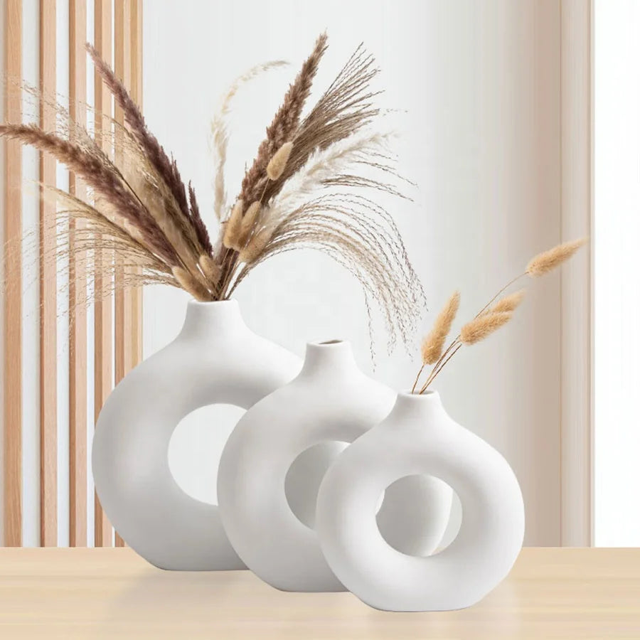 RTS 3pcs Modern Art Home Decor Luxury Porcelain Vase Set Nordic Wedding Centerpieces White Ceramic Donut Flower Vases