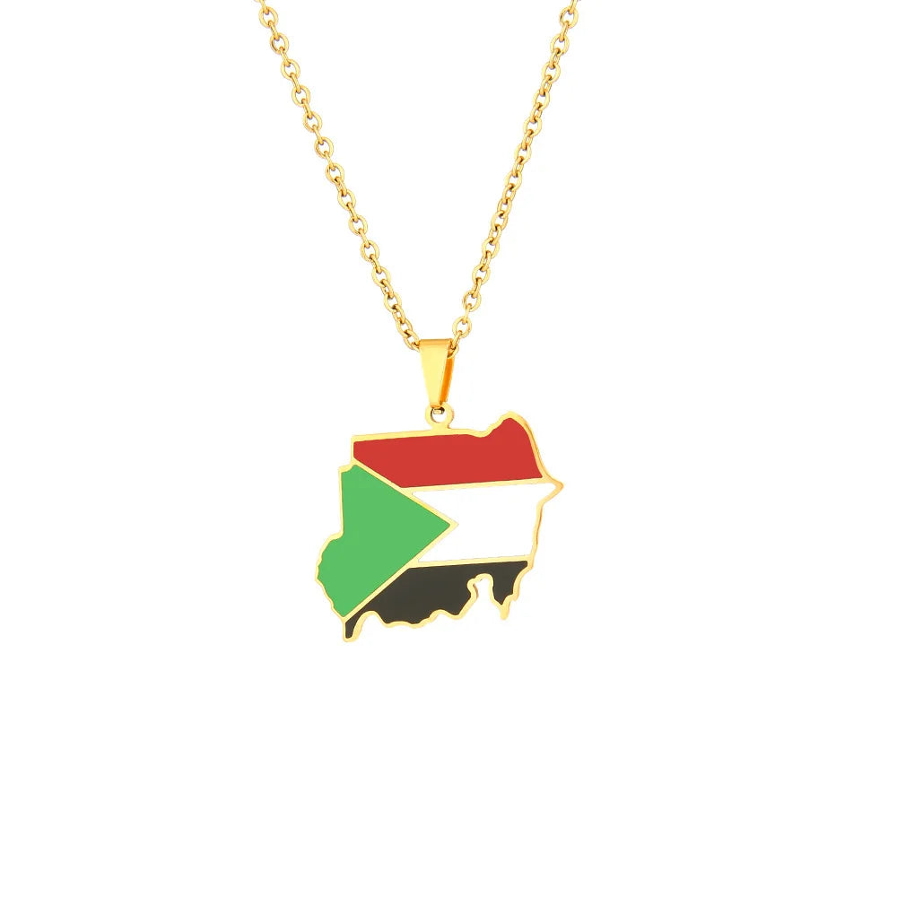 Gold Jewelry Clavicle Chain Stainless Steel Sudan Map Flag Necklace