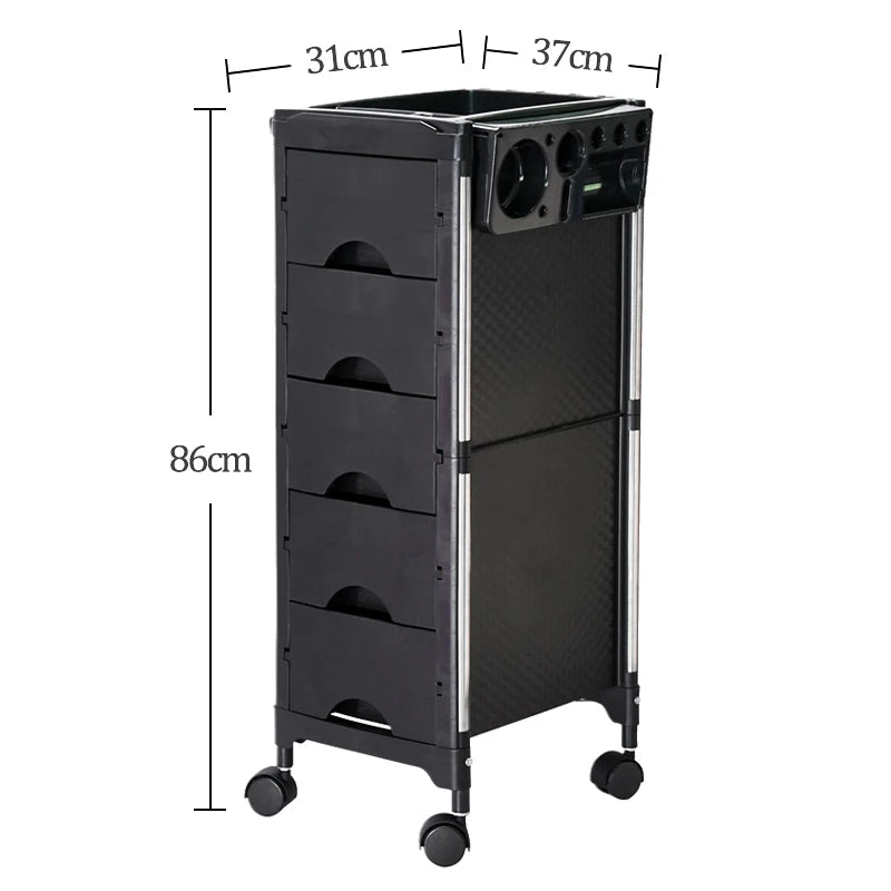 Factory Sales 5 Closed Drawers Black Plastic Hairdressing Trolley Hair Salon Beauty Rolling Cart