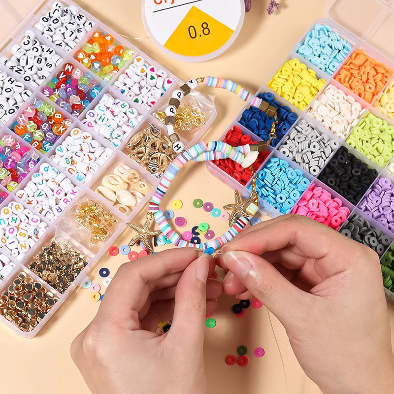 24 Grids 4800 Pieces Heishi Clay Beads for Jewelry Making Flat Round Polymer Clay Spacer Beads with Pendant Charm Set Box
