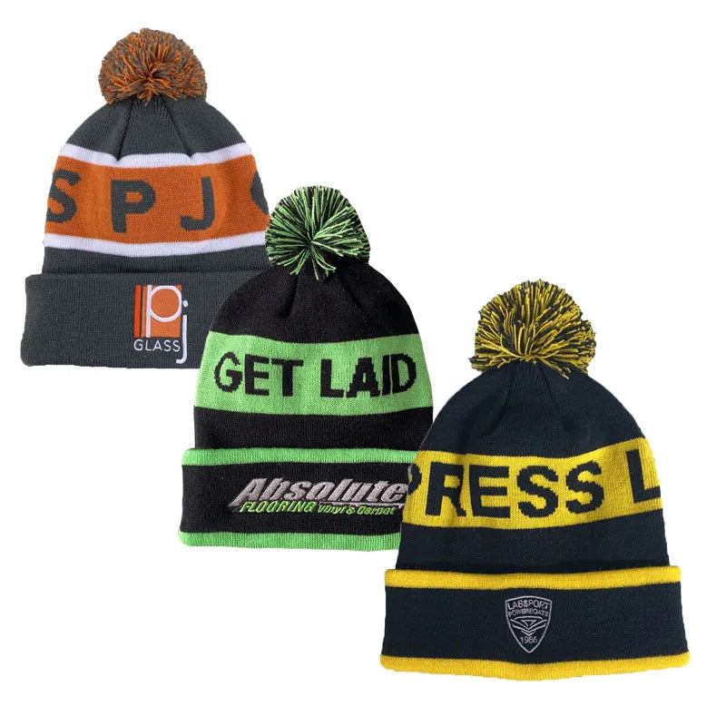 Custom Jacquard Embroidered Logo Winter Warm Beanie Hats Knitted Acrylic Sports Team Bobble Hat for Unisex
