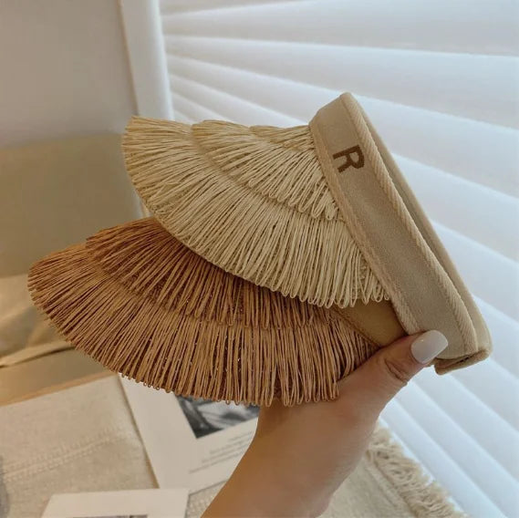 Vintage Breathable Tassel Straw Sun Hat Raffia Grass Ribbon-for Beach Vacation Outdoor Activities Parties Fishing Travel Cycling