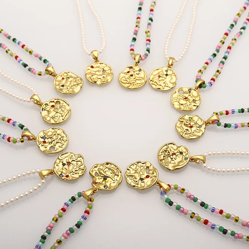 Trendy Copper Hammered Medallion Pendant Pearl Beaded Celestial Astrology Constellations 18K Gold Plated Zodiac Sign Coin