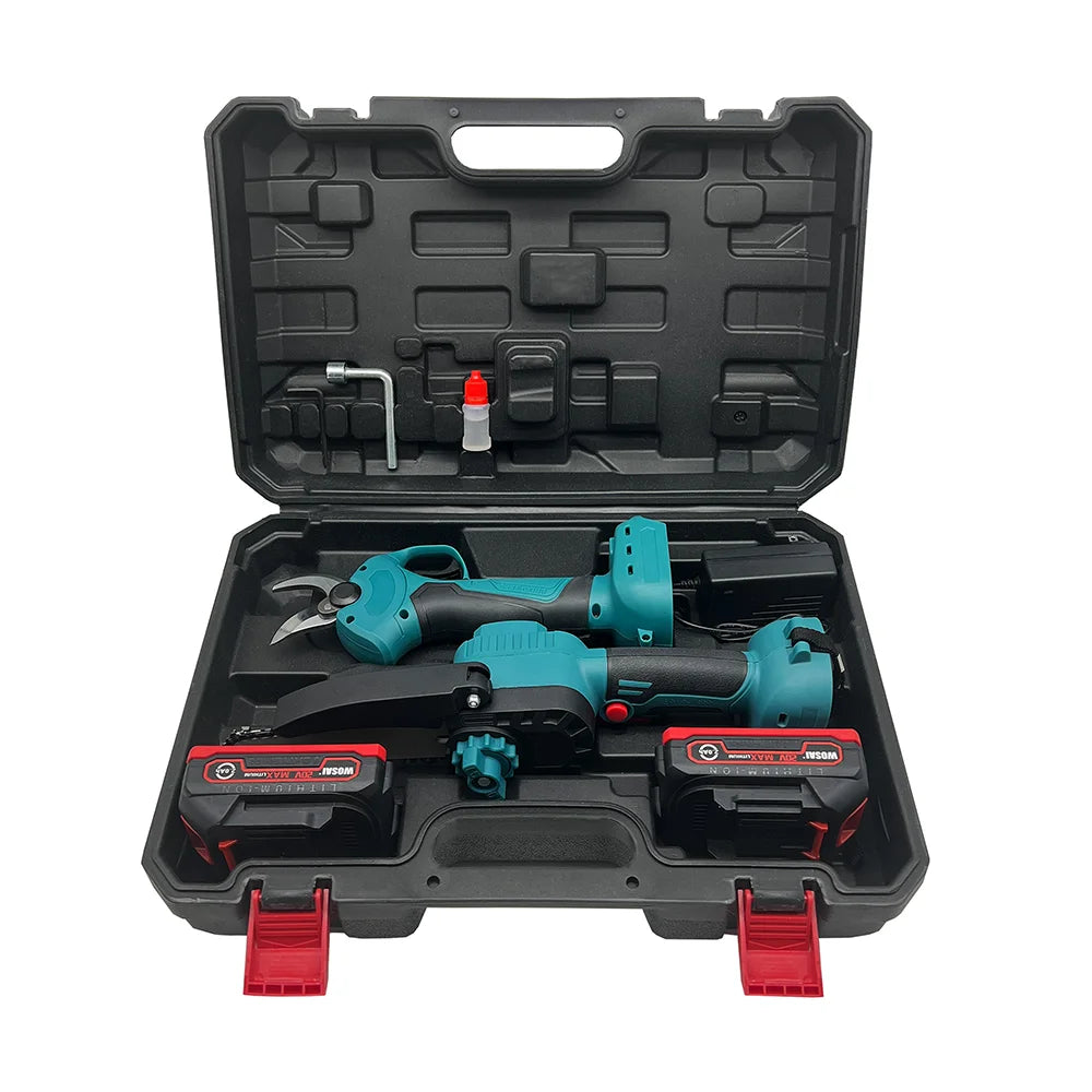 WOSAI 2-in-1 Professional Garden Tool Kit Cordless Electric Pruning Shears and 4-Inch Mini Pruning Saw Set with Case