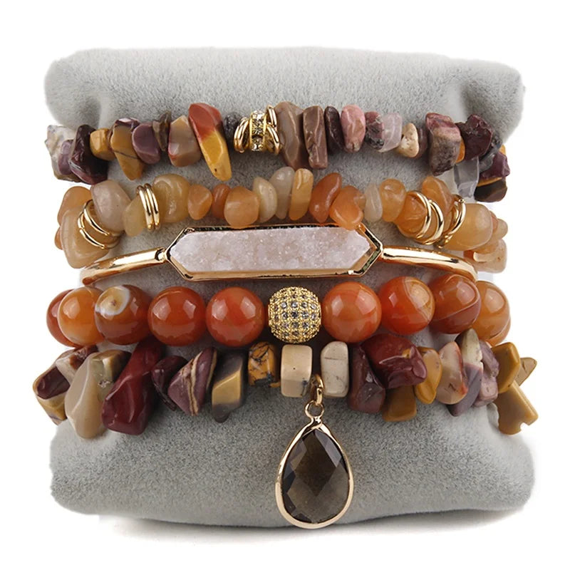 Bohemia Women Jewelry 5pcs Natural Stone Crystal Glass Elastic Bracelet Alloy Druzy Bangle Drop Charm Stack Bracelet Set