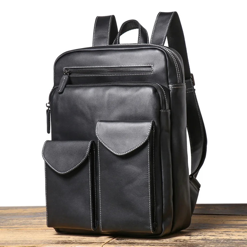 Men's Leather Backpack Large Capacity Commuting Laptop Bag Cowhide Outdoor Travel Trendy Backpack