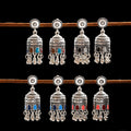 Women's Indian Retro Bollywood Jhumki Earrings Oxidized Small Blue Bell Tassel Carved Dangle Fine Ethnic Jhumki Jewelry