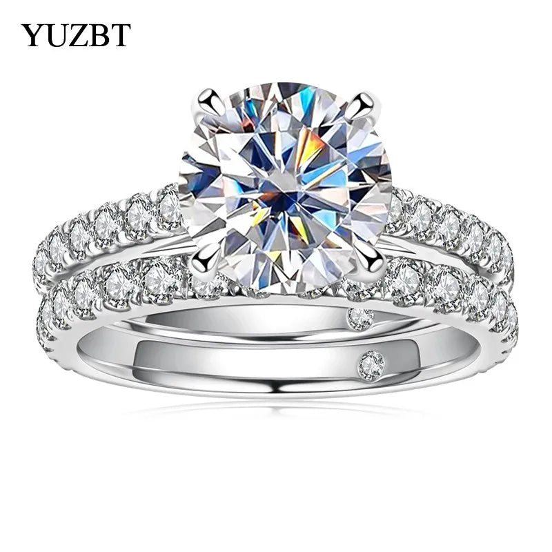 Silver 925 Original Brilliant Cut 3 Carat Diamond Test Past Sparkling D Color Moissanite Wedding Ring Set Women Gemstone Jewelry