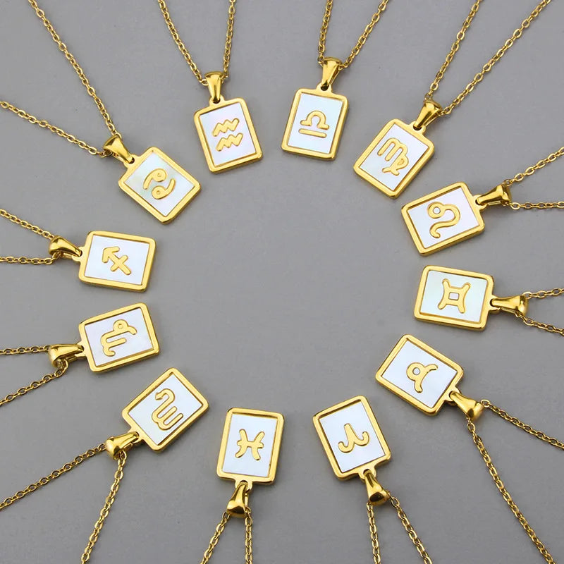 New Stainless Steel Jewelry Square Shell Necklace Simple Gold Personality Women Zodiac Necklace