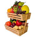 Double Tier Modern Kitchen Countertop Bamboo Wood Fruit and Vegetable Display Basket Stand Storage Organizer
