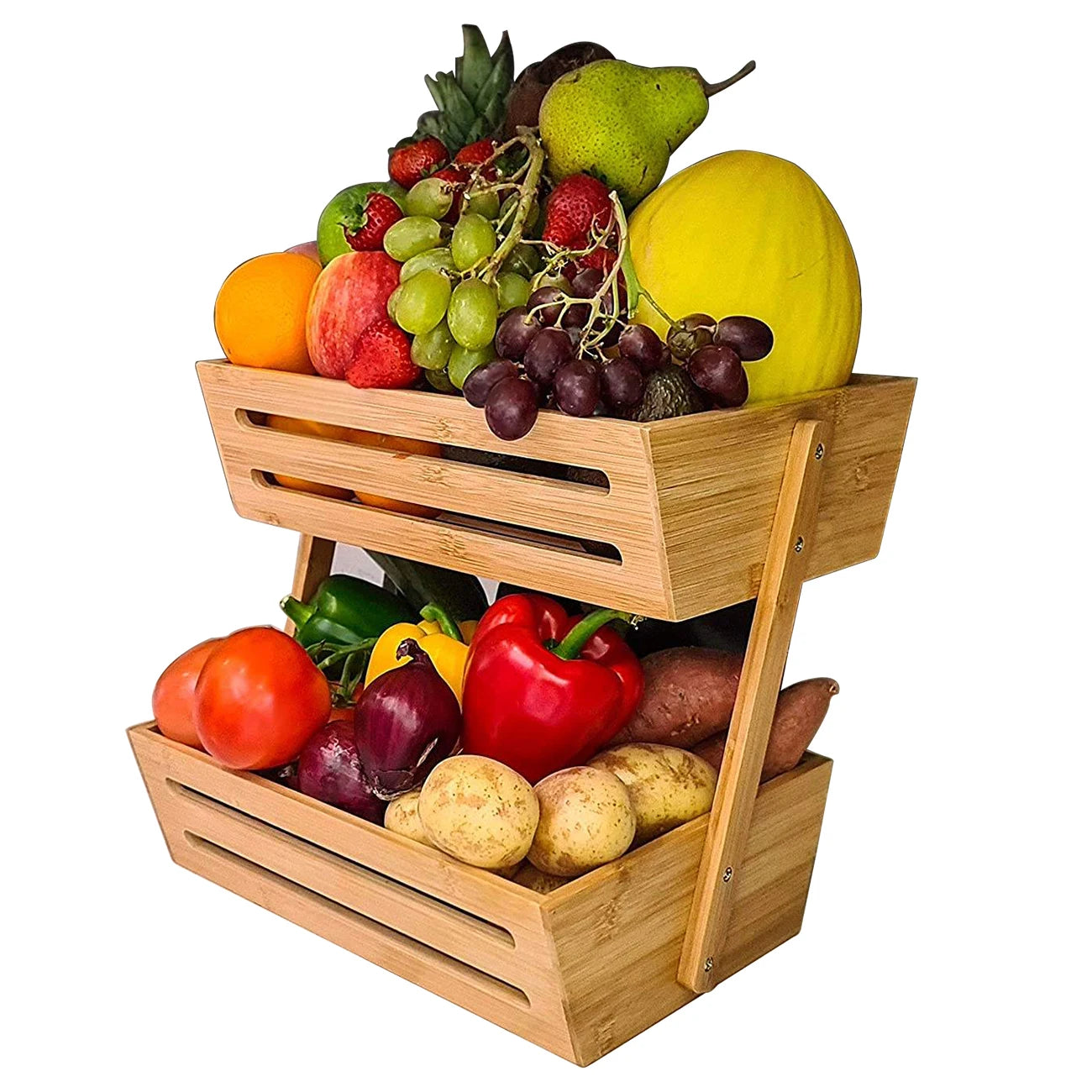 Double Tier Modern Kitchen Countertop Bamboo Wood Fruit and Vegetable Display Basket Stand Storage Organizer