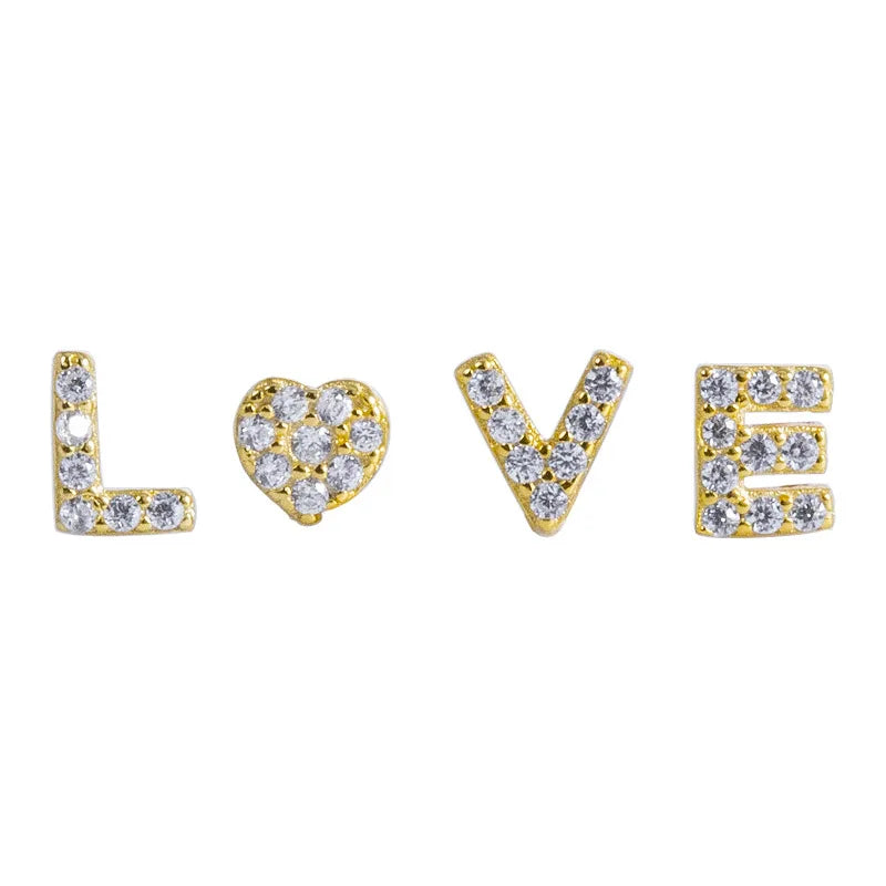 Fashion Jewelry 925 Sterling Silver Stud Earrings LOVE Letter Alphabet Diamond Zircon Gold Plated Stud Earrings for Women
