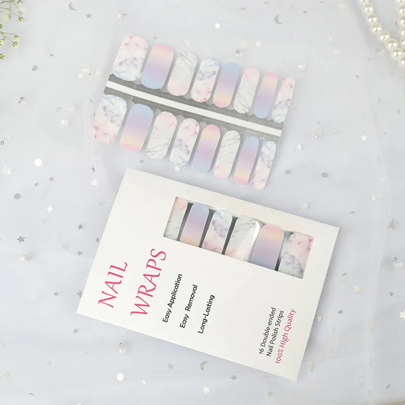 Pink Marble Gel Nail Polish Strips Waterproof 3D French Style Heart-shaped Nail Wraps and Stickers MegaBDM