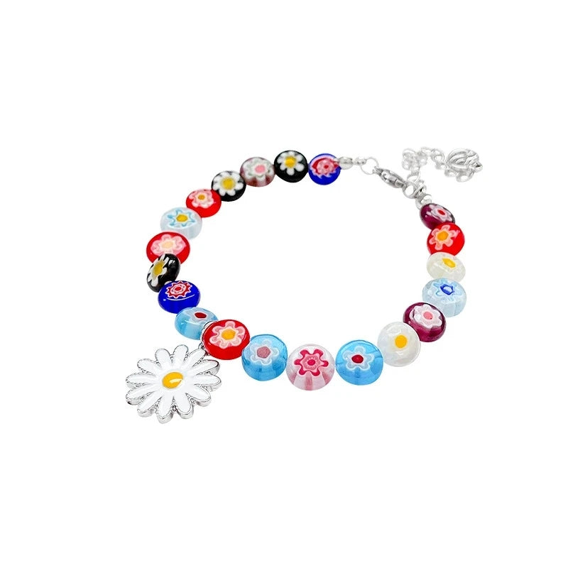 Fashion Daisy Flower Pendant Simple Elegant Color Glazed Beads Lampwork Multicolor Murano Glass Jewelry Bracelet