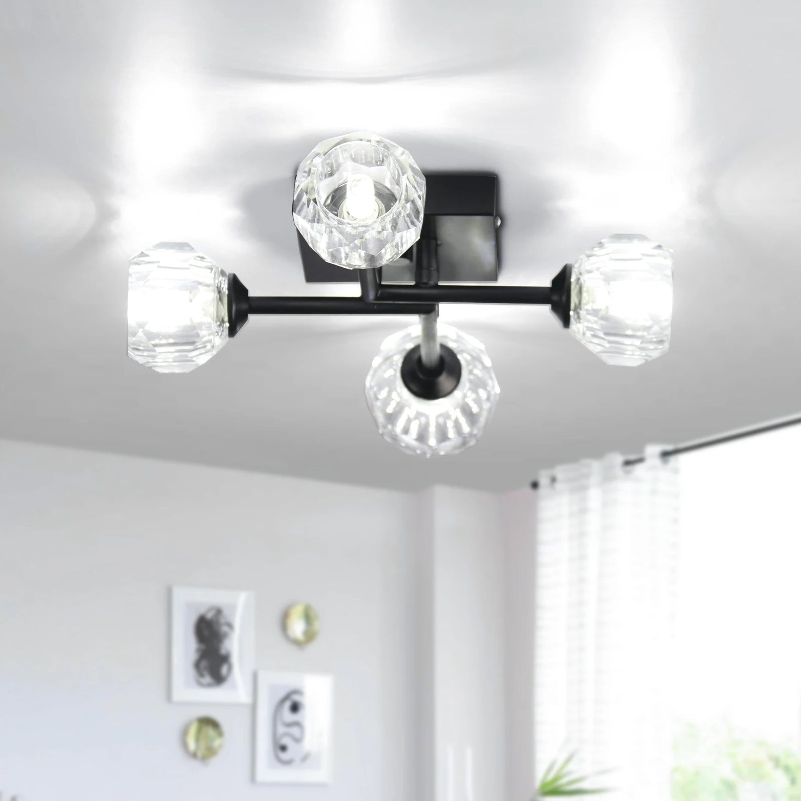 Modern LED Crystal Flush Mount Ceiling Light for Kitchen Island Dining Table Bedroom Living Room with Steel Base Switch Control