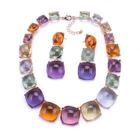 BOXUAN Colorful Transparent Gold Plated Alloy Punk Jewelry Round Cabs Chunky Charm Necklace Earring Sets for Party