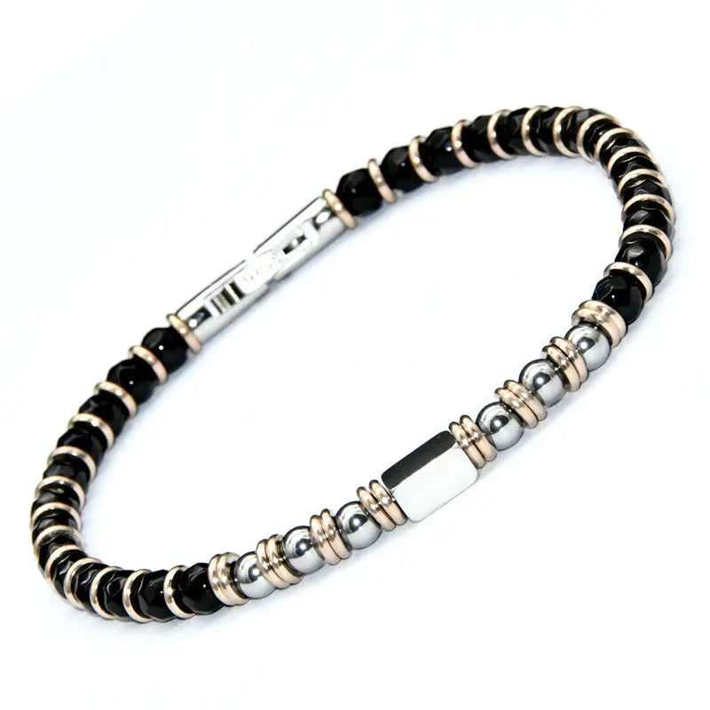 Factory Direct Sell Black Onyx Beads Stainless Steel Cuboid Adjustable Natural Stone Beaded Bracelet for Men
