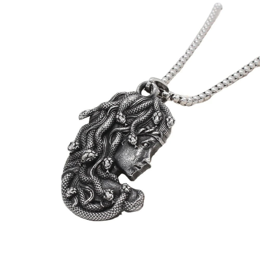 Hip Hop Jewelry Vintage Stainless Steel Snake Medusa Pendant Necklace
