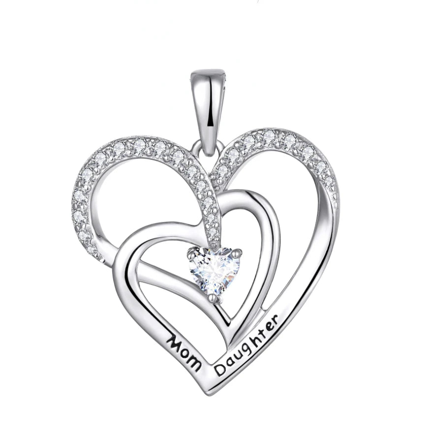 Mother Child Jewelry Gift Rhodium Plated 925 Sterling Silver Mom & Daughter Lovers Heart Pendant with Zircon Accents