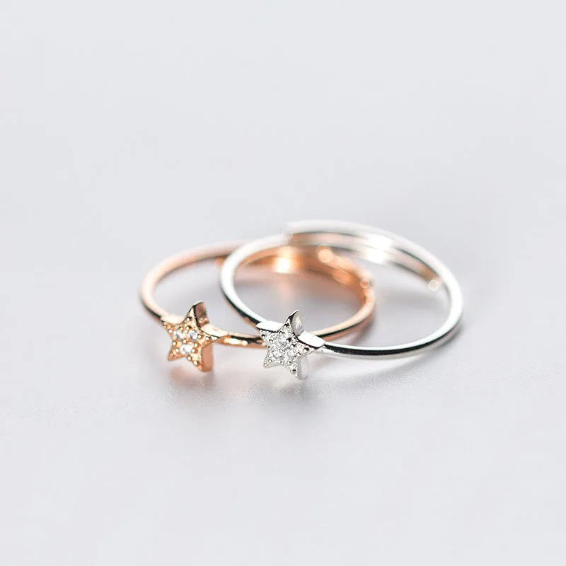 Fashion Stylish Unique Design Elegant 925 Sterling Silver CZ Pentagram Resizable Round Sweet Fresh Ring S925 Jewelry Women J3874