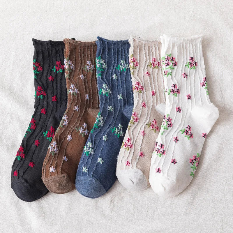 Wholesale Korean Slouch Floral Style  Custom Design Crew Cotton Winter Ladies Socks Women
