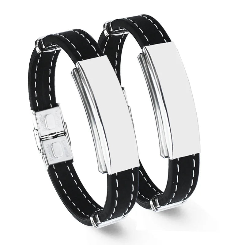 Latest Hip Hop Stainless Steel Black Silicone Bracelets for Men Casual Bracelet Bangle for Custom Logo Laser Engraving