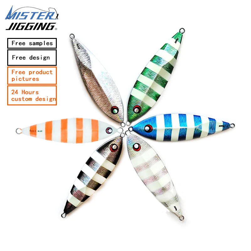 MISTER JIGGING Luminous Sticker Eyes100g-300g Saltwater Slow Pitch Fishing Jigging Lead Metal Jig Fish