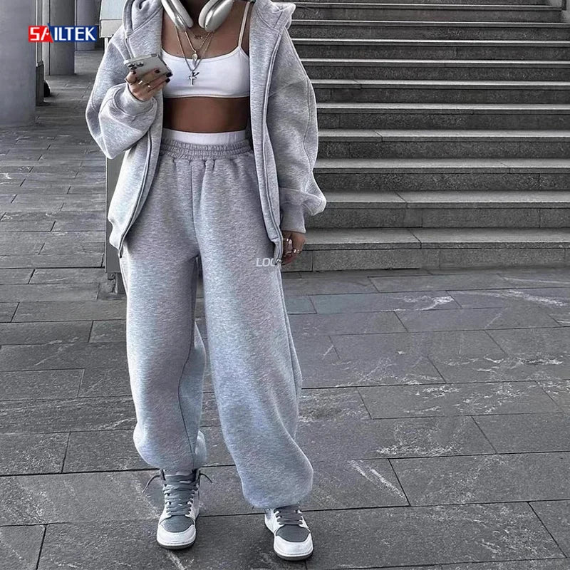 Custom Sweatsuit High Quality Two Piece Zip up Hoodie and Jogger Set Women Streetwear Tracksuit Fleece Outfits for Ladies
