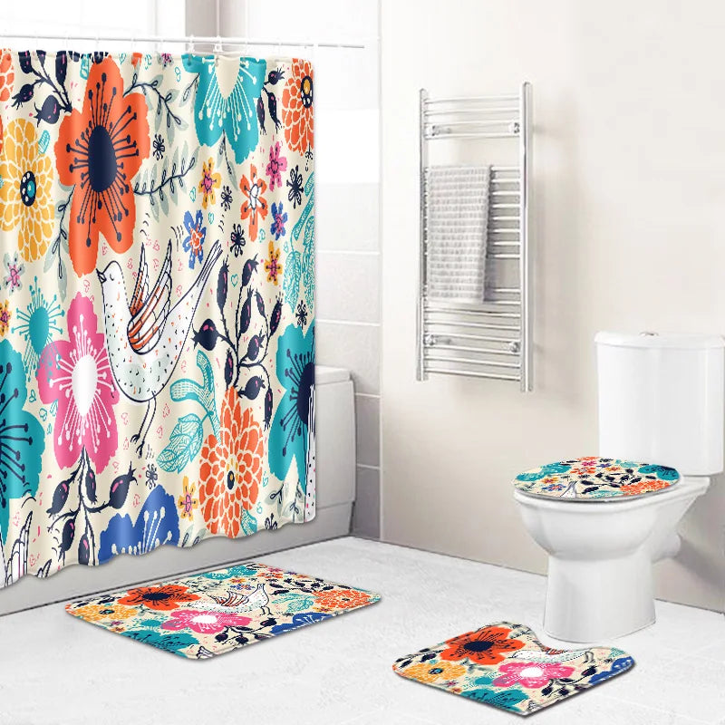 Hot Selling Custom 3D Printed Eco-Friendly Modern Luxury Waterproof Polyester Fabric Shower Curtain Set Bath Rugs Hooks for