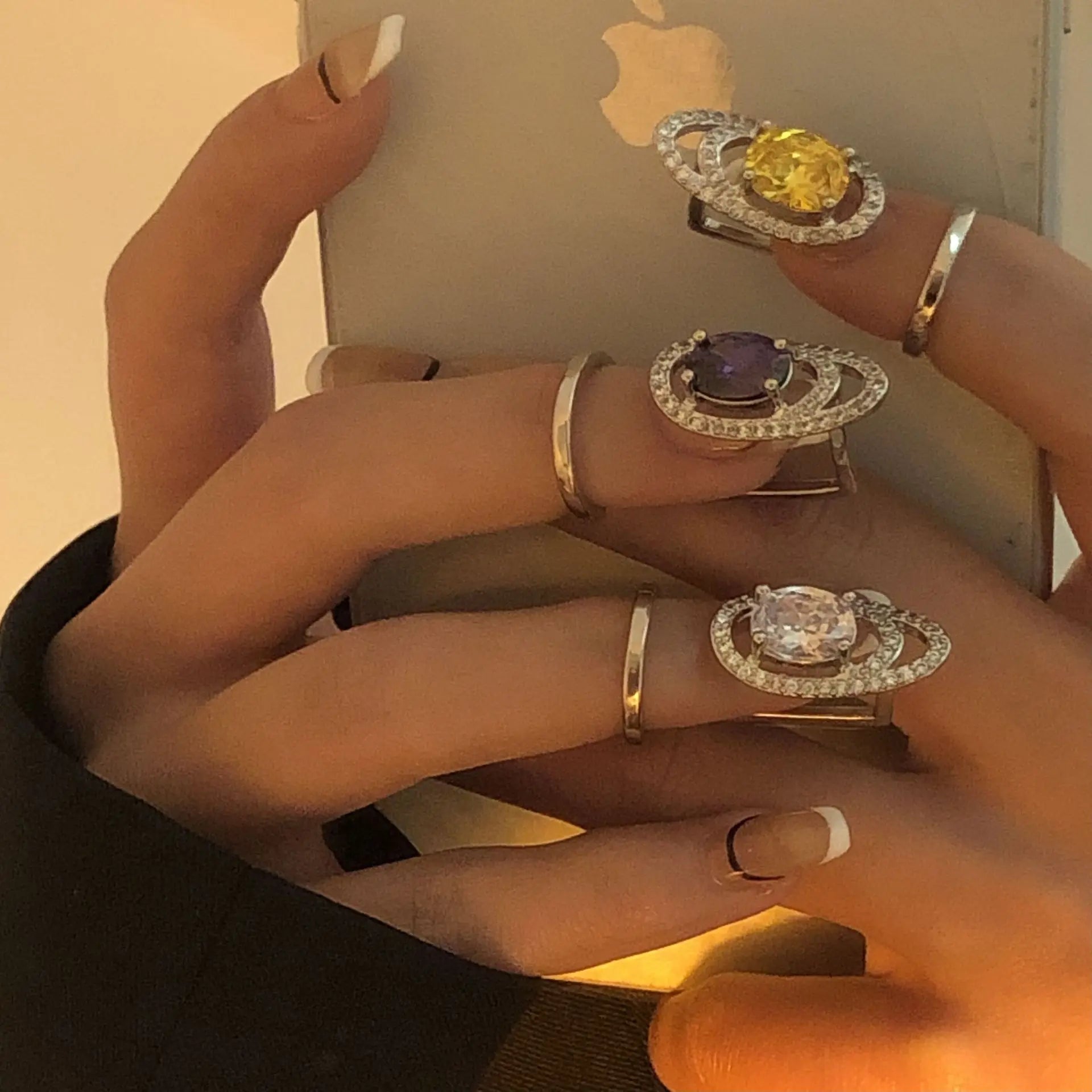ODM Crystal Glitter Nail Tips Rings Shiny Exquisite Ins Rhinestone Big Zircon Fingertip Nail Ring for Women