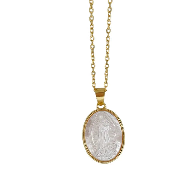 Religious Necklace 925 Sterling Silver Virgin Guadalupe White Shell Oval 18K Gold Virgin Mary Pendant Necklace