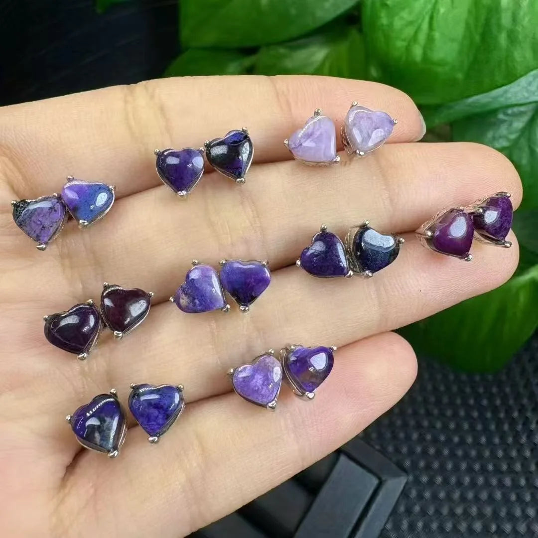 Healing Crystal Natural Sugilite Heart 925  Silver Stud Earrings for Maintain Emotional Balance and Purify Negative Energy