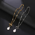 Wholesale Cheap Fashion 18k Gold Plated Stainless Steel Pearl and Paperclip Chain Necklace Jewelry