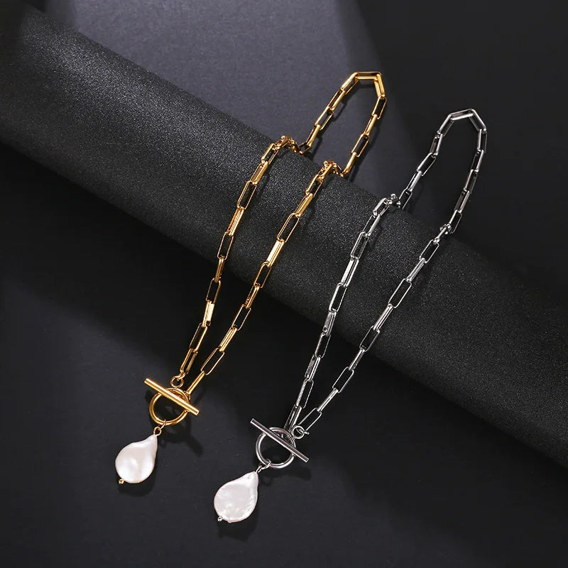 Wholesale Cheap Fashion 18k Gold Plated Stainless Steel Pearl and Paperclip Chain Necklace Jewelry