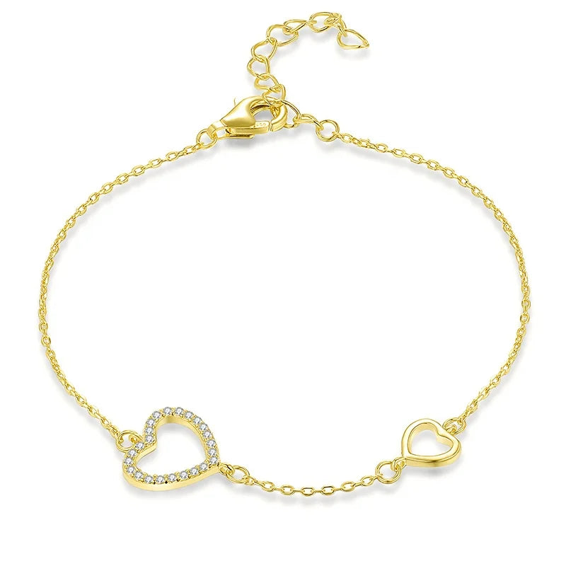 Wholesale Gold Plated Girls New Fashion Two Heart Bracelet Sterling Silver Chains 925 Solid Bracelet