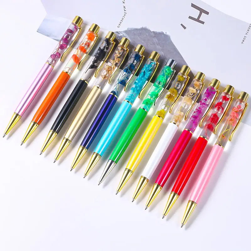 SHULI DIY Dried Flower Floating Pen Bling Pen Crystal Metal Ballpoint Pens Fine Black Ink Office Supplies With Customised Logo