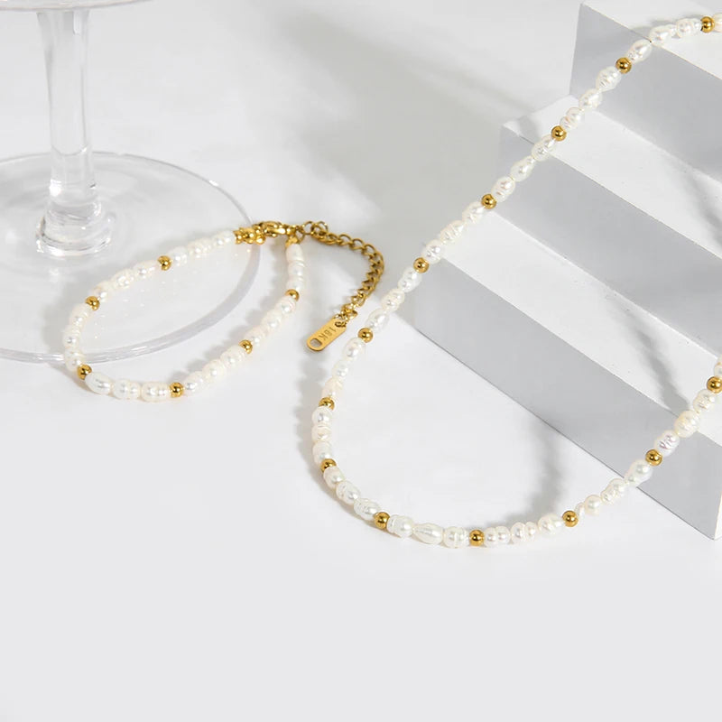 Trendy 18K Gold Plated Stainless Steel Beads Freshwater Pearl Choker Necklace Bracelet Set Fashion Beaded Jewelry for Women