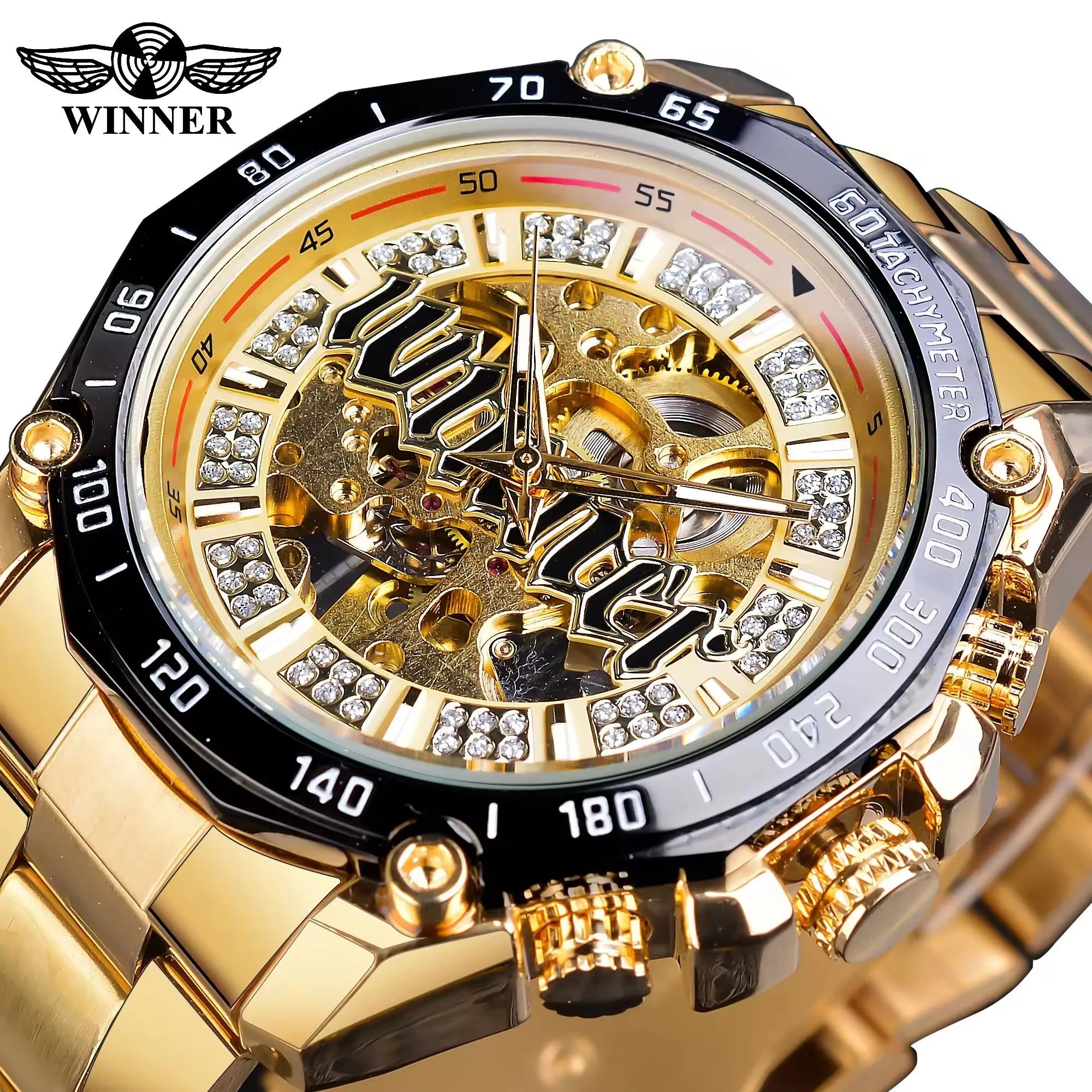 Winner Men Steampunk Fashion Golden Open Work Transparent Automatic Wristwatch Mechanical Top Brand Luxury Luminous