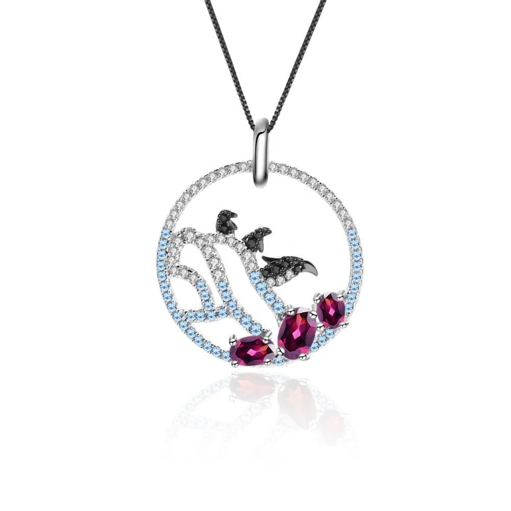 Abiding Natural Rhodolite Garnet Penguin Animal Handmade 925 Sterling Silver Necklace Pendant for Women
