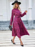 Spring Women's Printed Standing Neck Ruffle Edge Long Sleeve Lace up Waist Dress