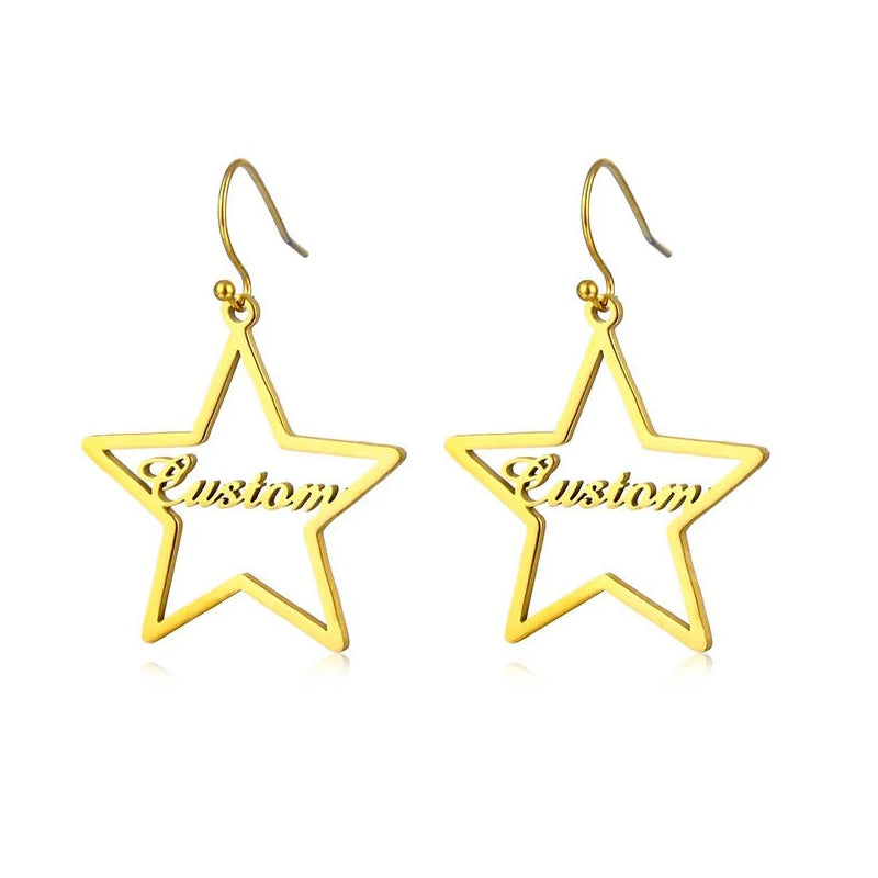 BINSHUO Wholesale Stainless Steel Jewelry Personalized Customize Star Shaped Gold Plated Filled Name Letter Logo Hook Earrings