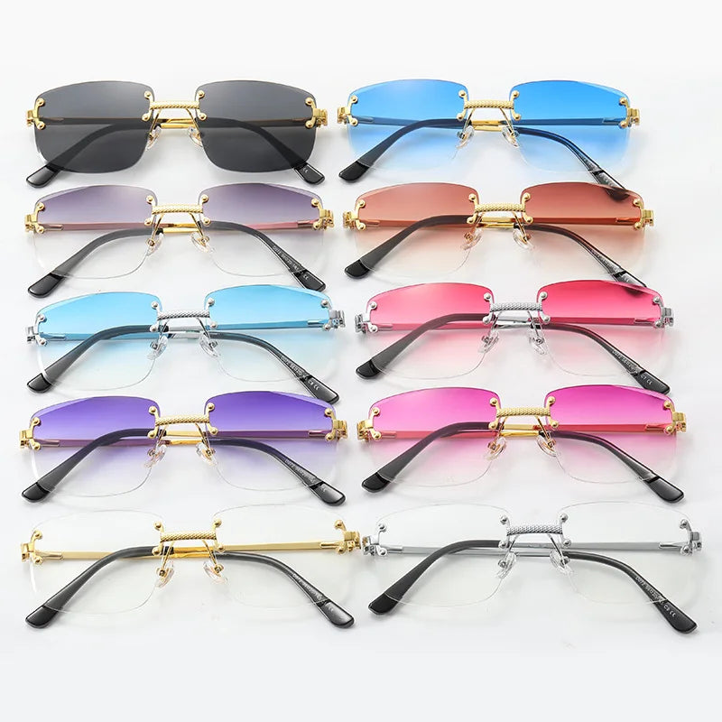 2023 Rimless Cut Edge Spring Leg Sunglasses for Women Men Gradient Color Sunglasses Blue White Gold Red Gray Frames Made PC