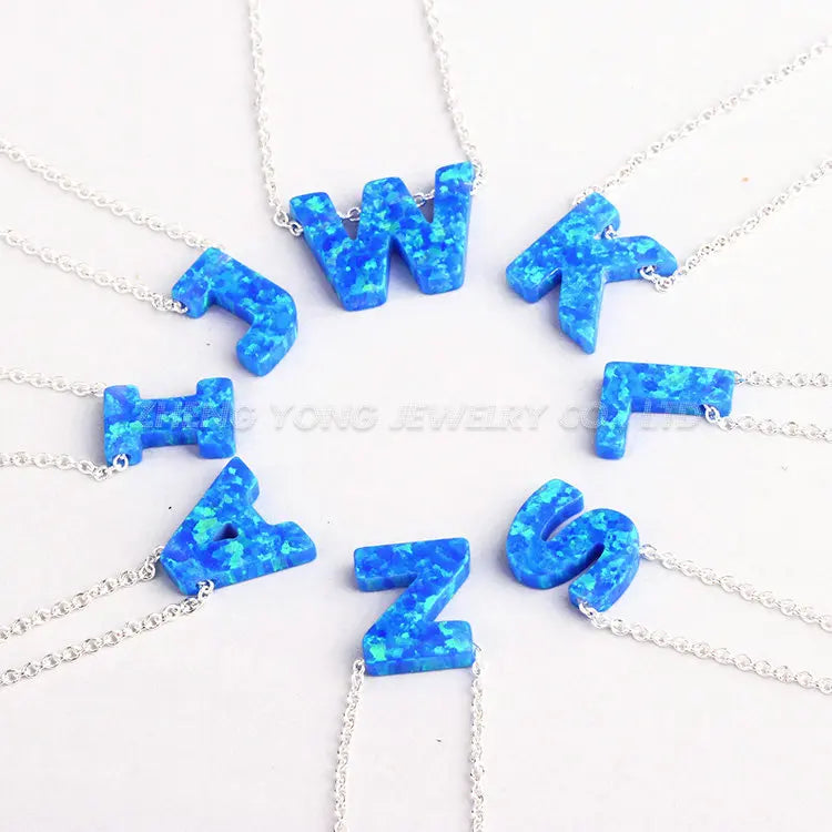 Hot Sell Wholesale Blue Link Chain 26 Letters Brass Plating Silver/Gold Necklace Synthetic Opal Jewelry