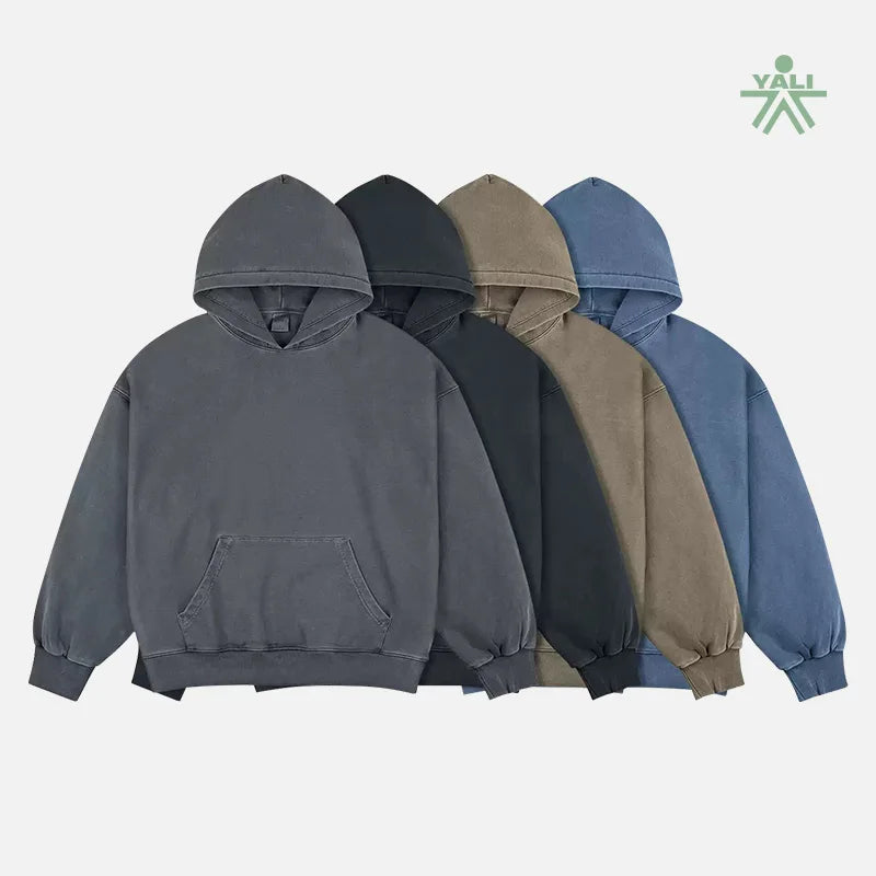 Custom Logo Vintage Acid Wash Hoodie Heavyweight Thick Cotton No String Pullover High GSM Unisex Oversized Sweatshirt