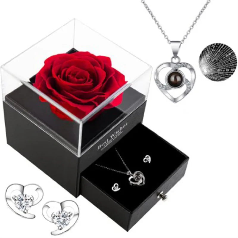 Preserved Red Real Rose with I Love You Necklace in 100 Languages -Eternal Flowers Rose Gifts for Mom Wife Girlfriend Her on Chr